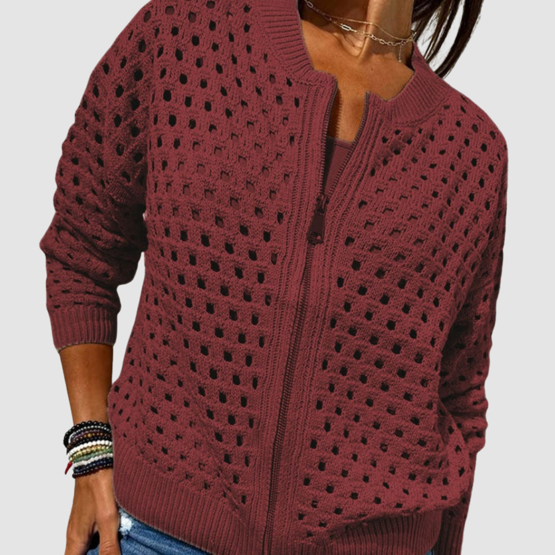 Women's zip-front knit cardigan with light openwork texture, relaxed silhouette for everyday layering