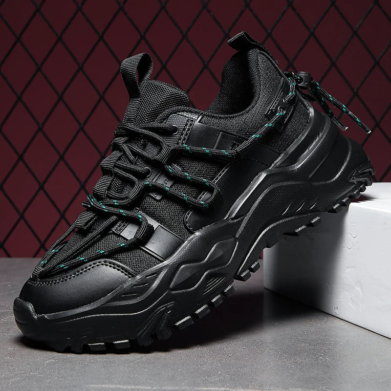 Black chunky sneaker layered sole textured upper rope lacing added height urban streetwear style