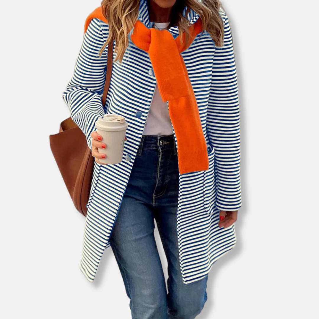 Women's relaxed-fit mid-thigh striped cotton blend trench coat with double-breasted front closure