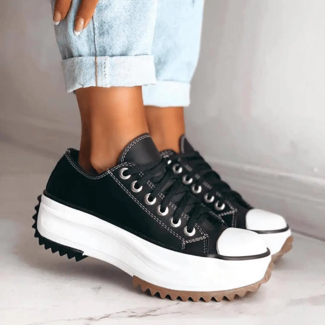 White chunky platform canvas sneakers with leather trim and featherlight slim sole for women