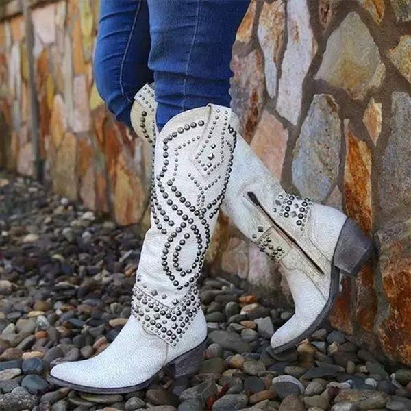 Women's studded cowboy boots chunky block heel Western festival style bold metal stud detailing