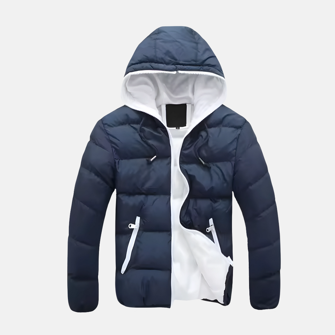 Men's black hooded quilted puffer jacket hip-length insulated winter coat relaxed fit cold weather