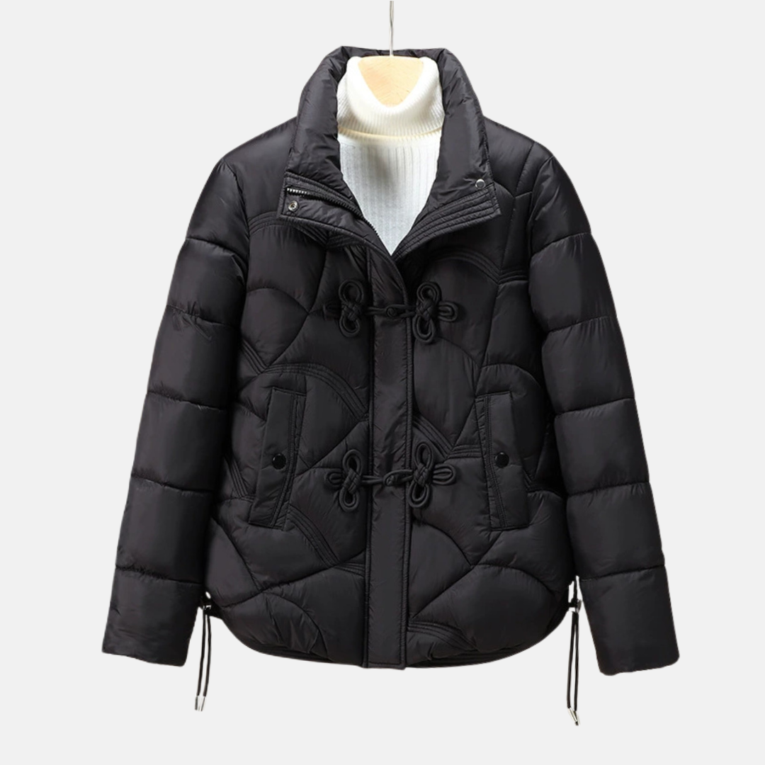 Women's black puffer jacket geometric quilted pattern frog button closure adjustable hem winter coat