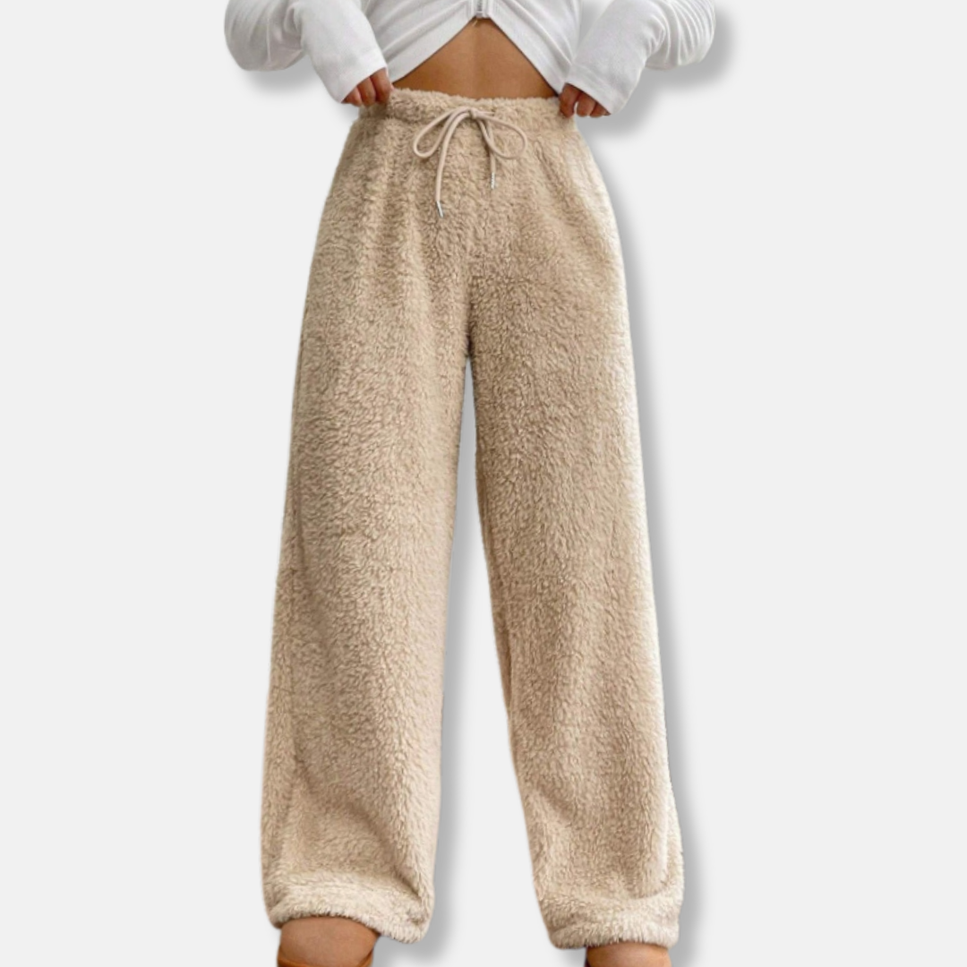 Women's plush fleece lounge pants loose wide-leg fit with drawstring waist cozy home comfort