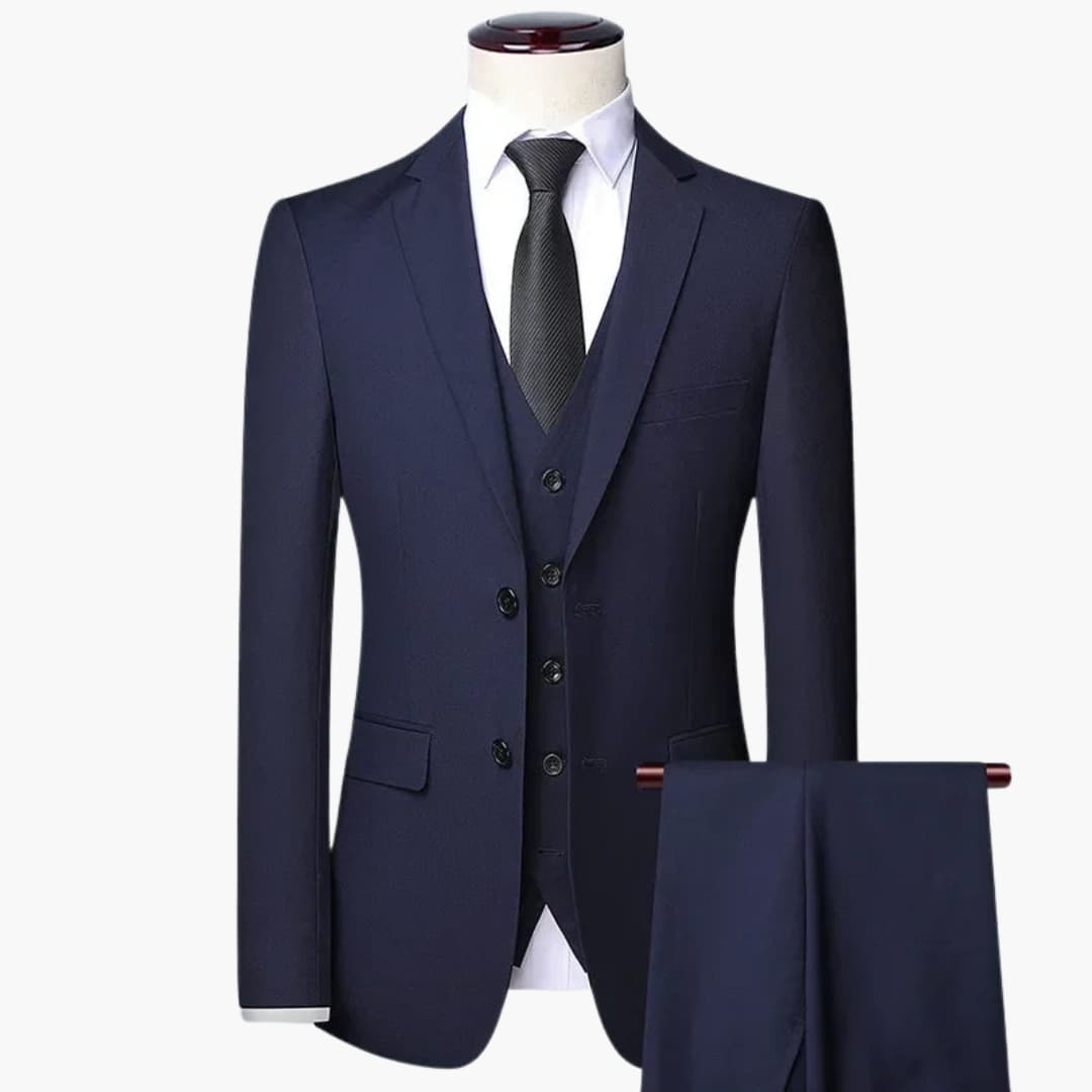 Men's slim fit 3-piece suit navy blue classic formal wear jacket vest trousers wedding business