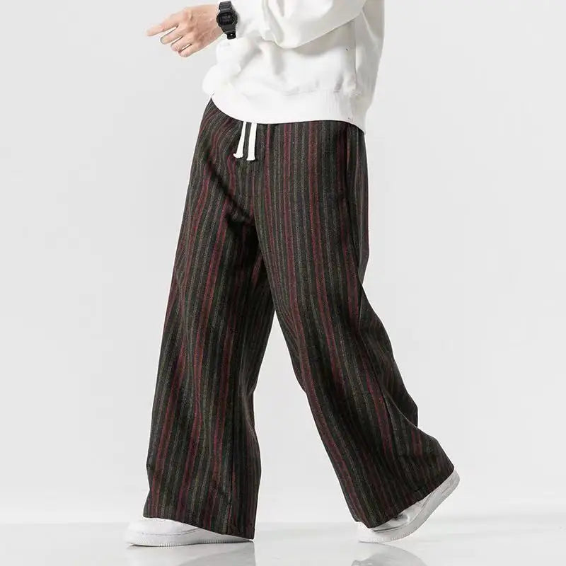 Women's pinstripe wide-leg lounge pants with drawstring waist and deep pockets in heavyweight fabric