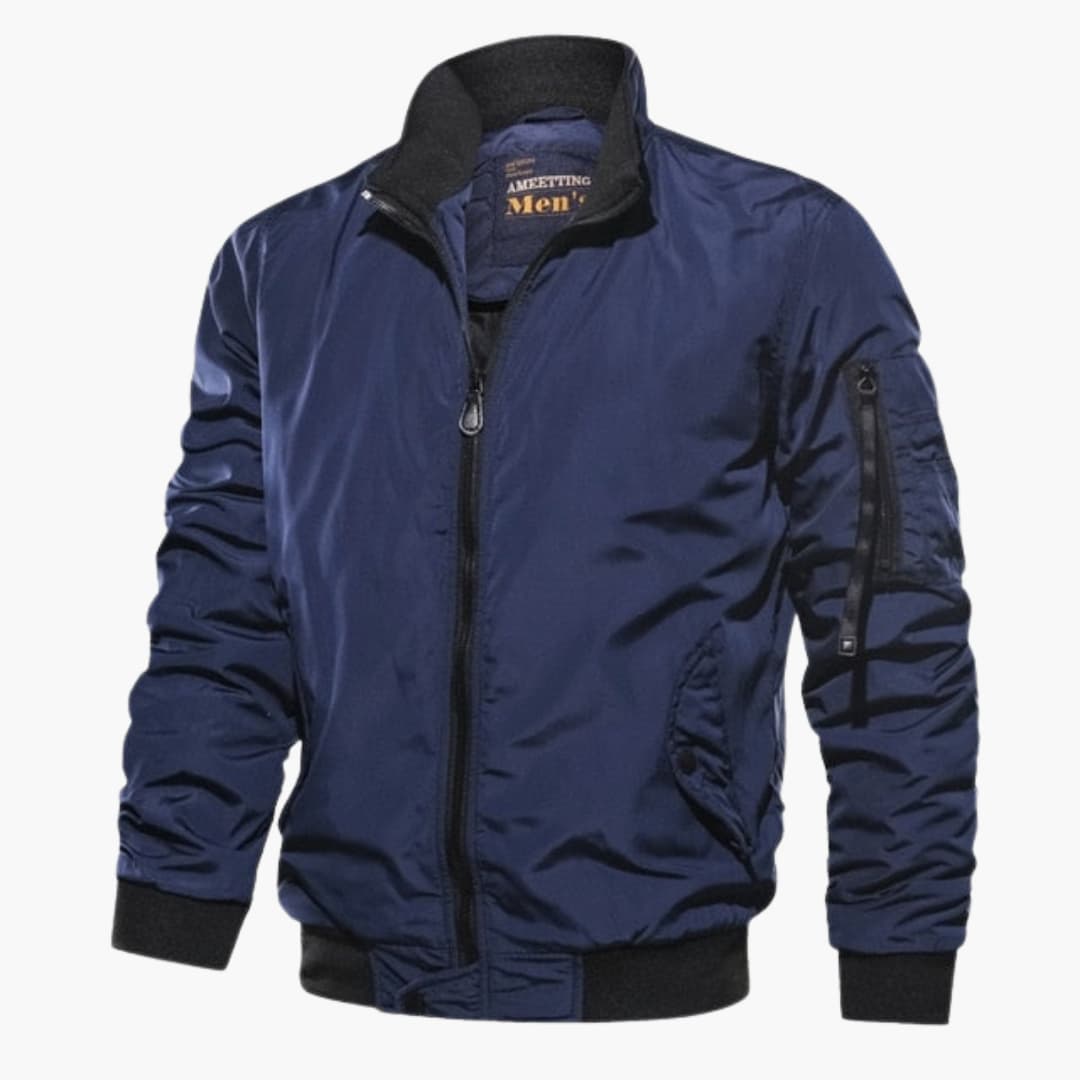 Men's black bomber jacket with stand-up collar, ribbed hem, full-length zipper, sleek everyday fit