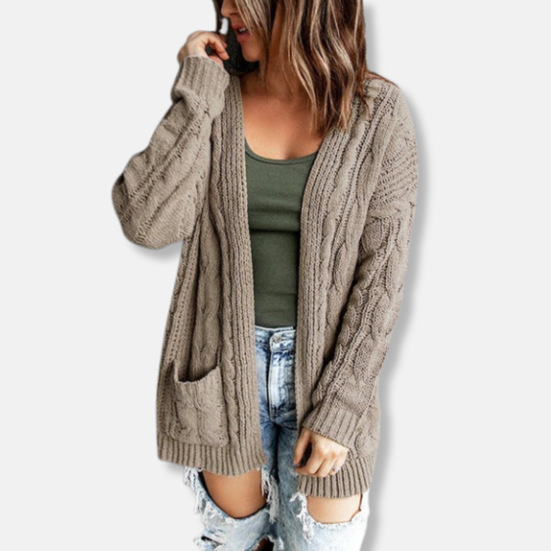 Women's relaxed fit cable knit open front cardigan with pockets, cozy everyday layering style