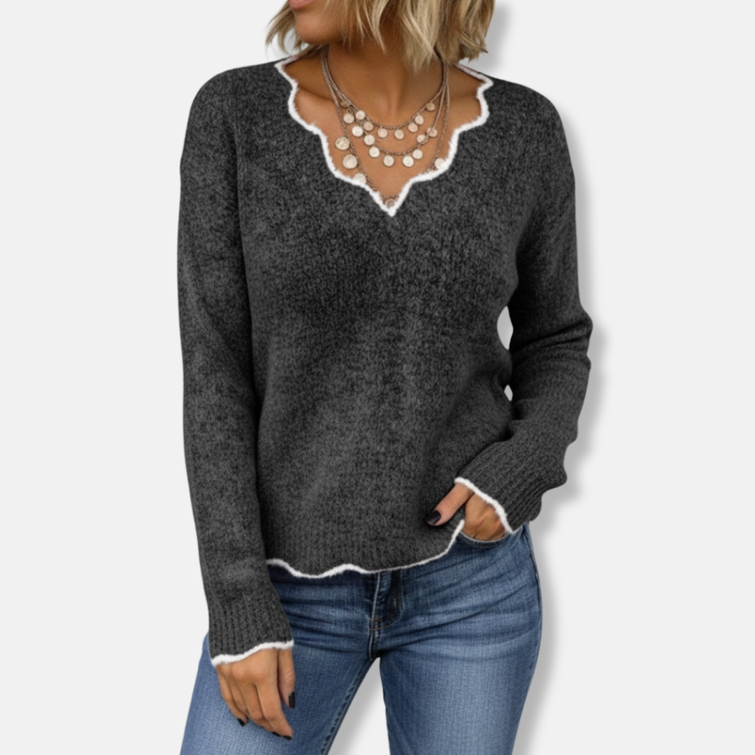 Women's wool knit relaxed fit pullover sweater with feminine scalloped neckline in soft breathable fabric