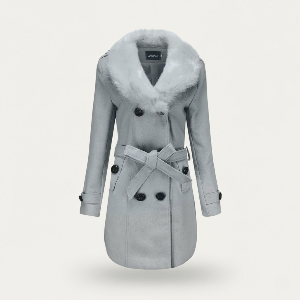 Women's double-breasted belted trench coat with faux fur collar, structured elegant fit