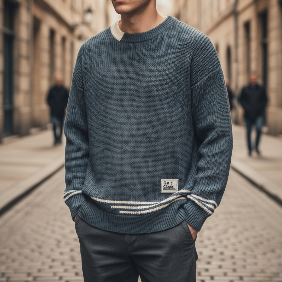 Beige ribbed crew neck unisex sweater with distinctive hem stripe knit texture for everyday comfort