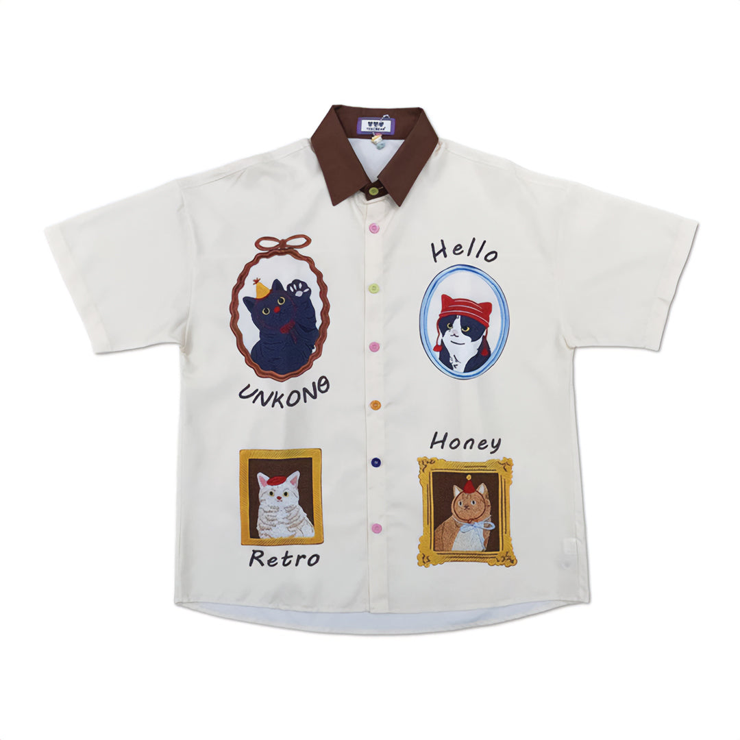 White cotton classic fit shirt with playful cat patch embroidery, versatile everyday casual wardrobe staple
