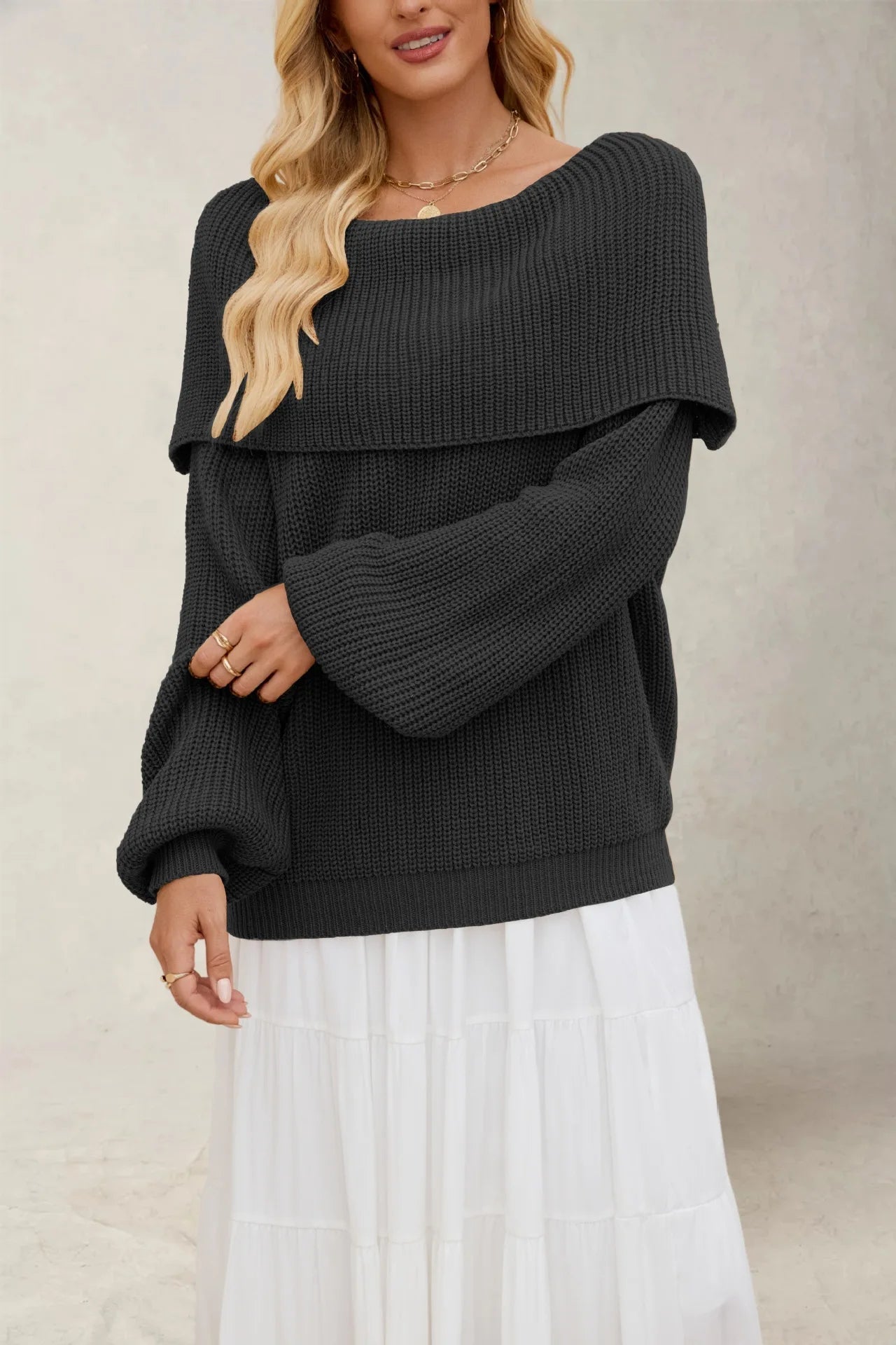 Leona off-shoulder chunky rib knit pullover with fold-over collar and voluminous sleeves