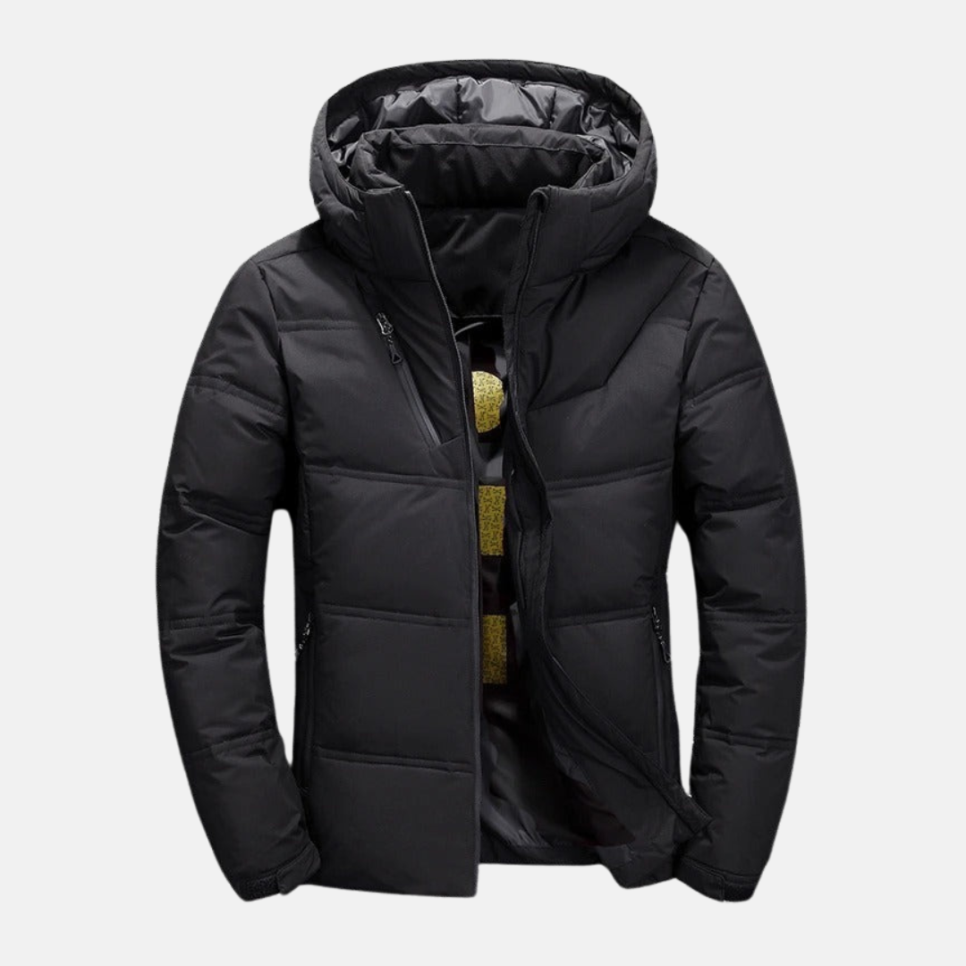 Men's black quilted hooded puffer jacket hip-length regular fit with zipper pockets casual coat