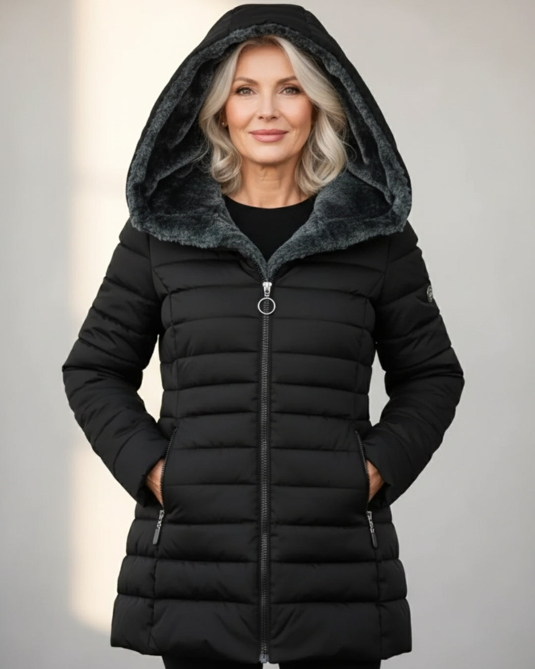 Women's black hooded quilted winter coat with full-zip front and padded insulated silhouette