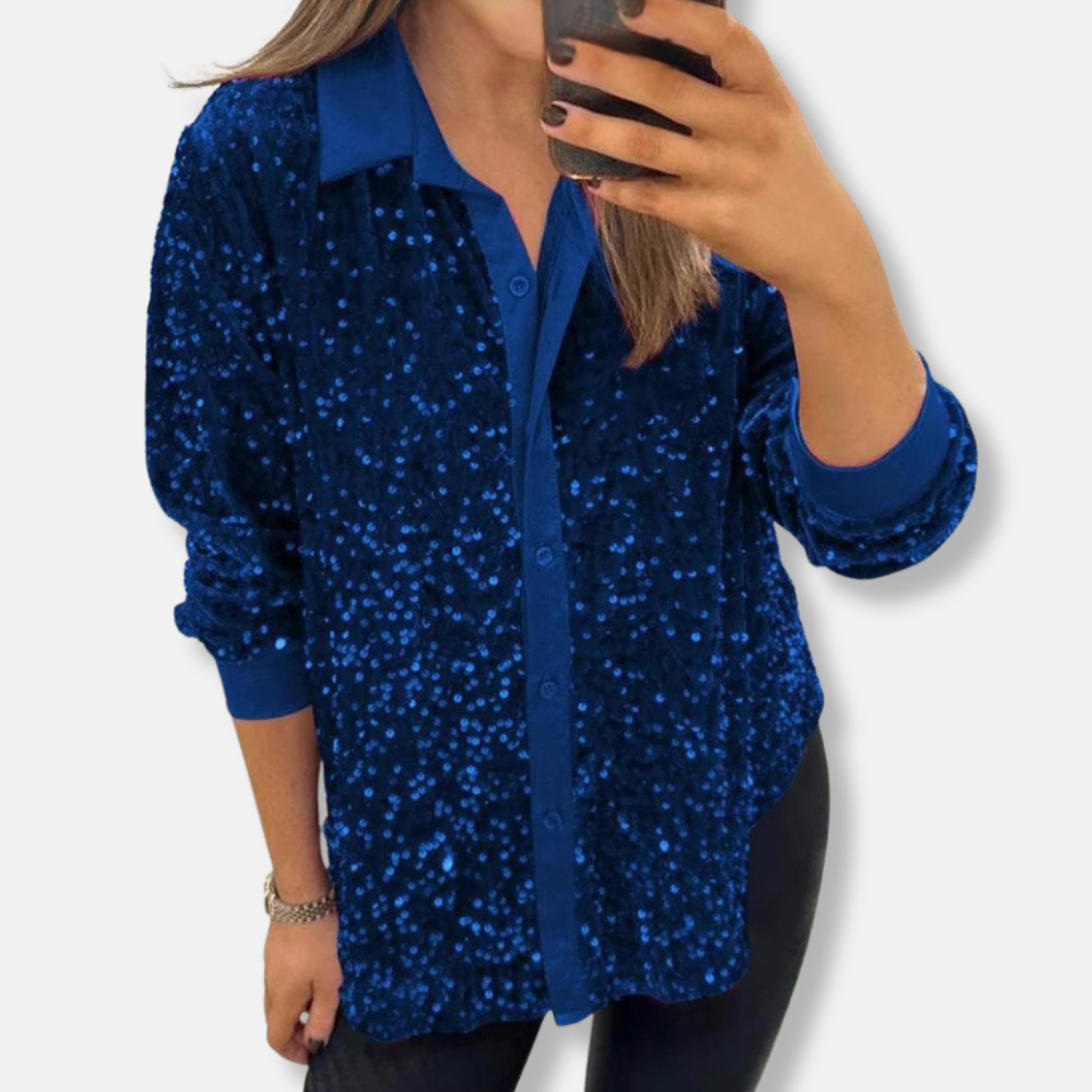 Women's silver sequin relaxed-fit long sleeve party top with all-over sparkling texture
