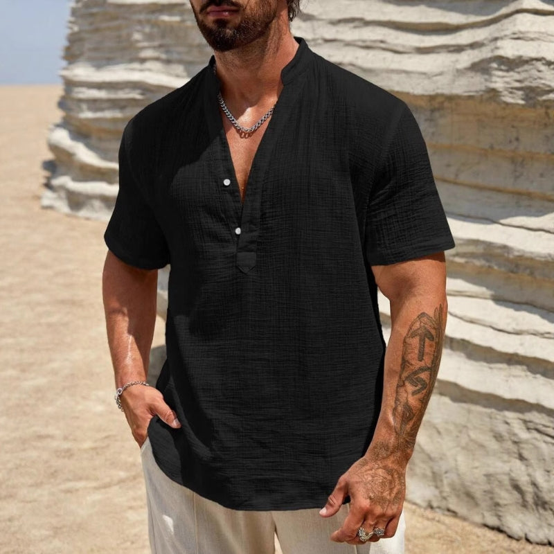 White lightweight cotton blend polo shirt minimalist cut with crinkled weave texture for casual summer