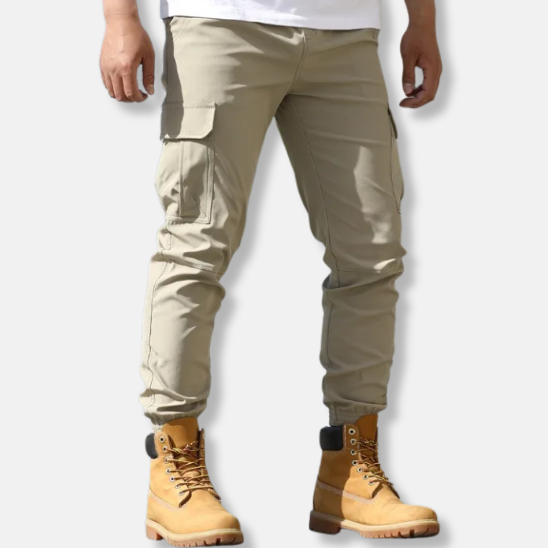 Men's olive cargo jogger pants slim fit woven stretch blend with elasticated ankle cuffs
