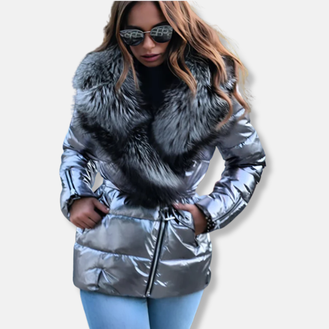 Women's quilted puffer jacket belted fit oversized faux fur collar chic winter style