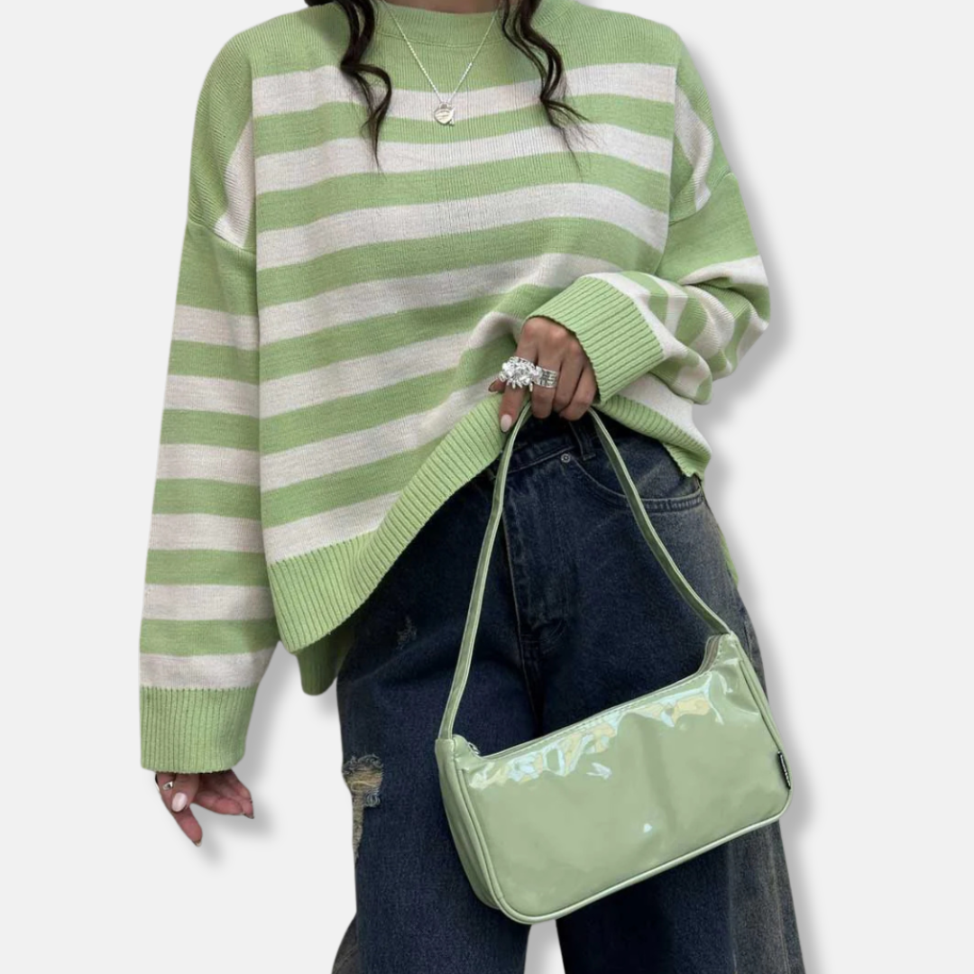 Women's loose fit striped knit crew neck pullover sweatshirt with ribbed hem in cozy casual style
