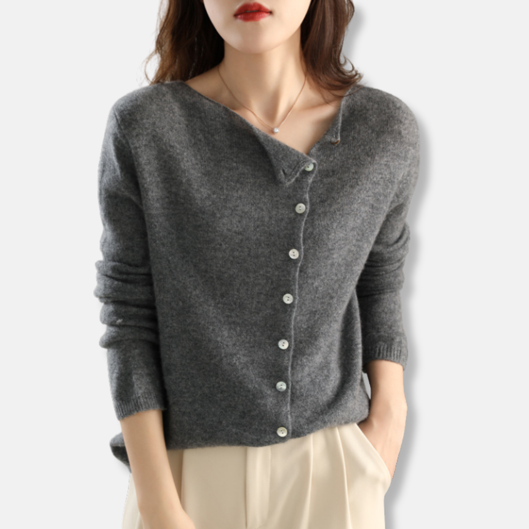 Women's relaxed fit knit cardigan with asymmetrical neckline and ribbed cuffs for elegant everyday style