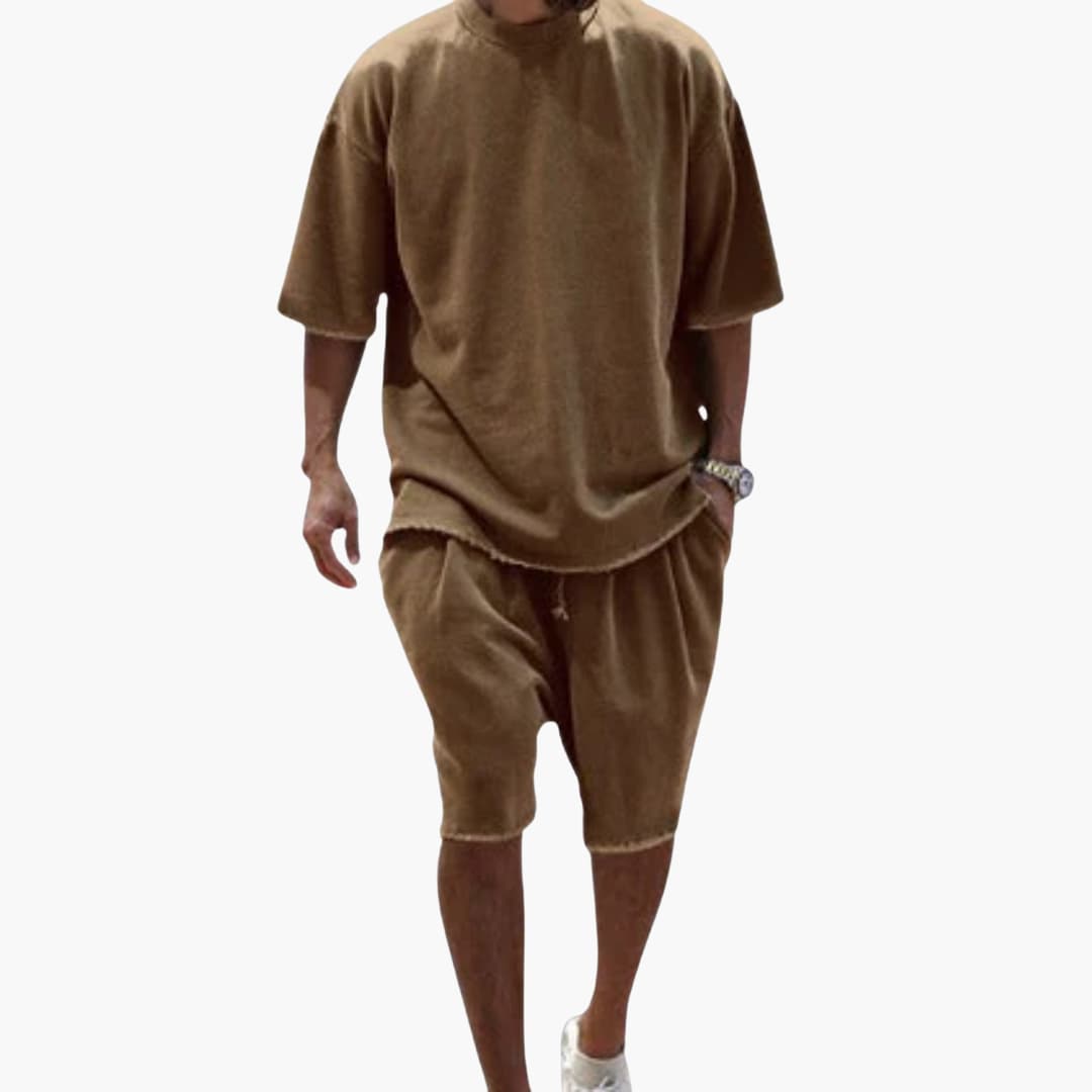 Men's light blue oversized short-sleeve shirt and drawstring shorts two-piece summer set