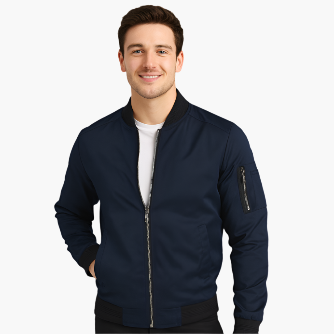 Men's bomber jacket with zip arm pocket, ribbed hem and cuffs, versatile casual outerwear for everyday wear