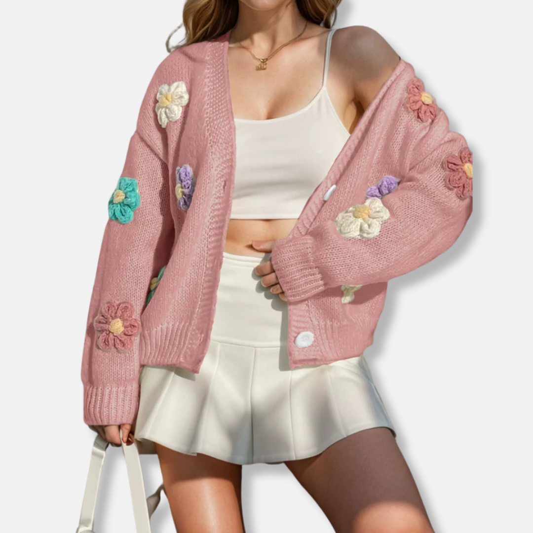 Women oversized wool blend knitted cardigan with handmade floral accents and button-front closure
