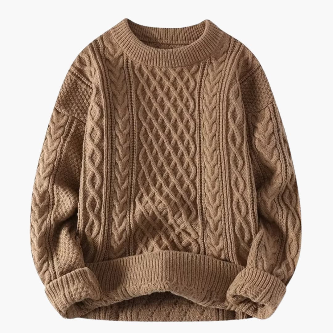 Women's cable knit sweater round neck long sleeve ribbed hem cozy textured knitwear