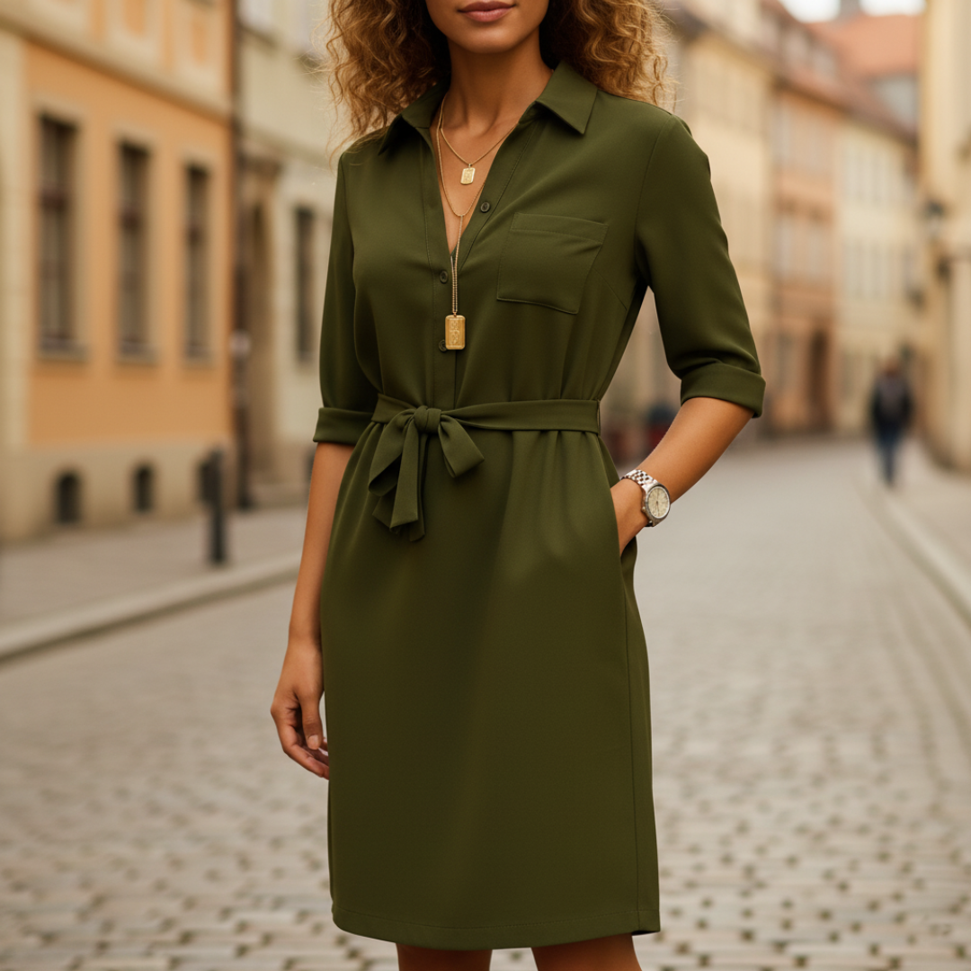 Women's blue shirt dress with three-quarter sleeves, waist tie belt, and classic collar for office wear