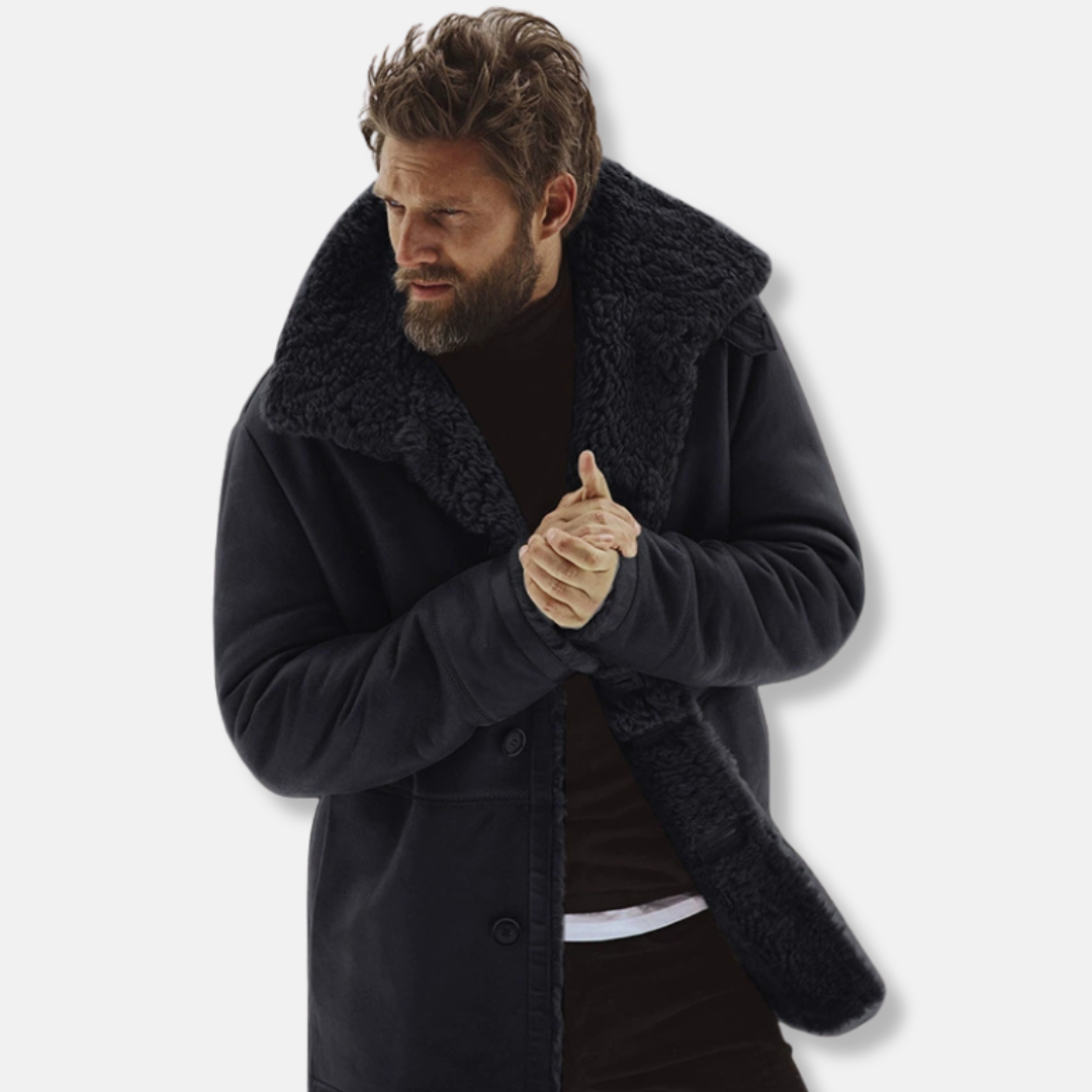 Men's relaxed fit mid-thigh coat with luxurious shearling collar in classic winter woven fabric