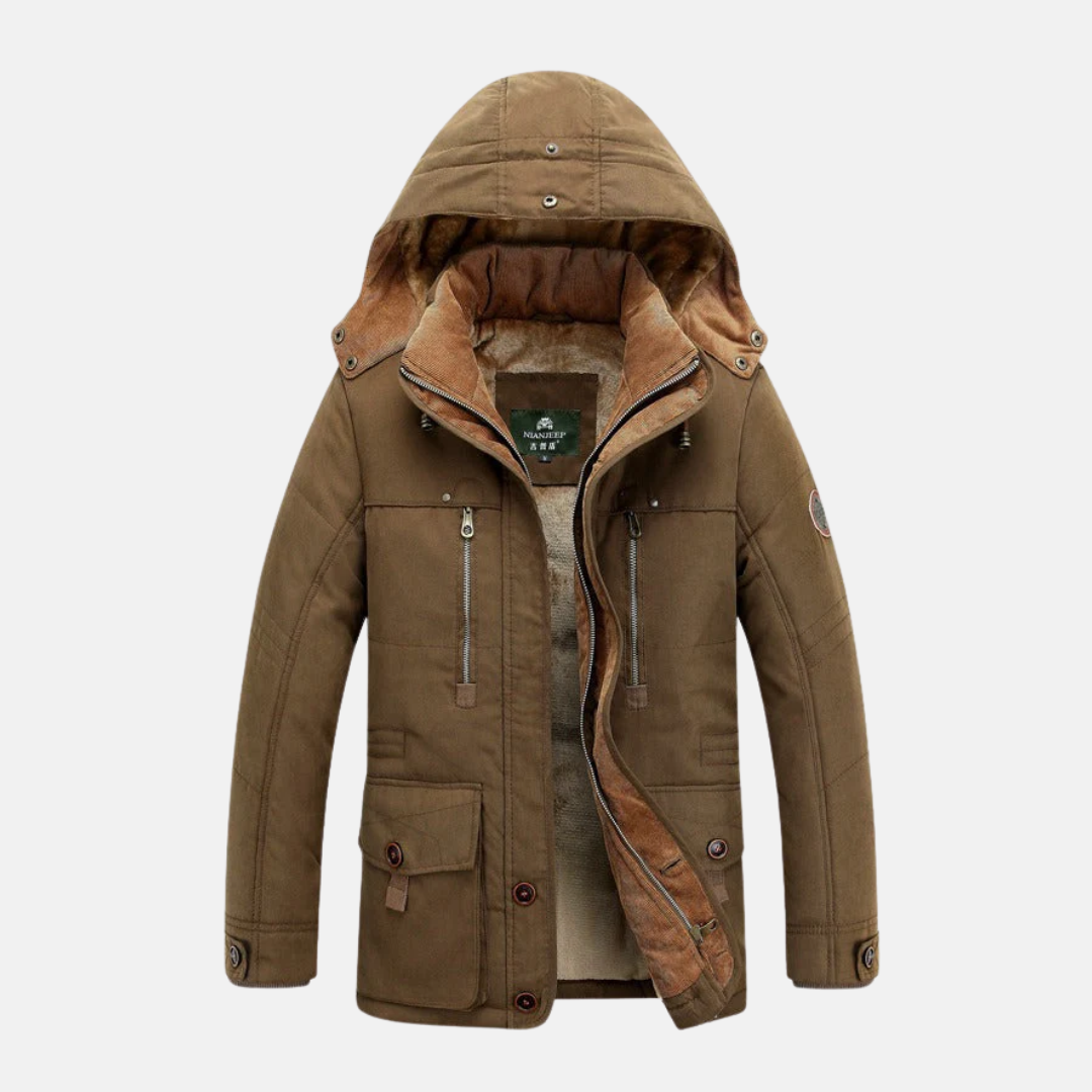 Men's navy mid-length insulated hooded jacket with multiple pockets for all-day warmth
