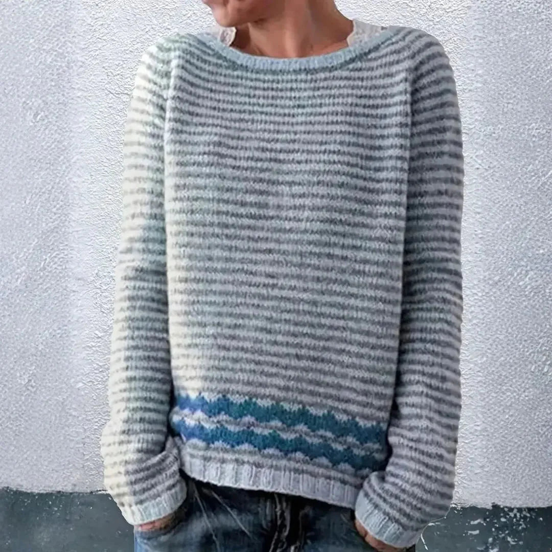 Women's striped knit sweater relaxed fit soft lightweight with contrast wave hem detail