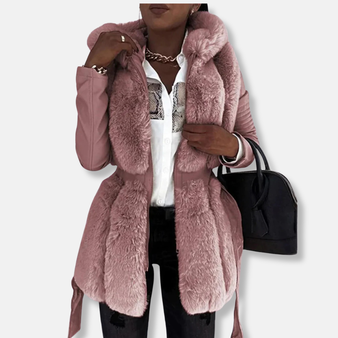Women's mid-length tailored coat with faux fur front detail and belted waist for a flattering fit