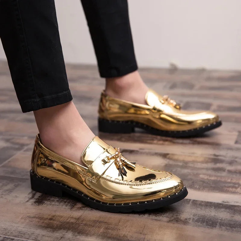 Men's black patent leather loafer slip-on with gold embellishments and plush sheepskin insole