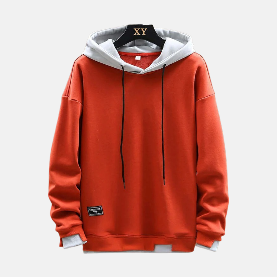 Men's oversized cotton-blend hoodie in neutral tone with dual-layer hood and ribbed trim