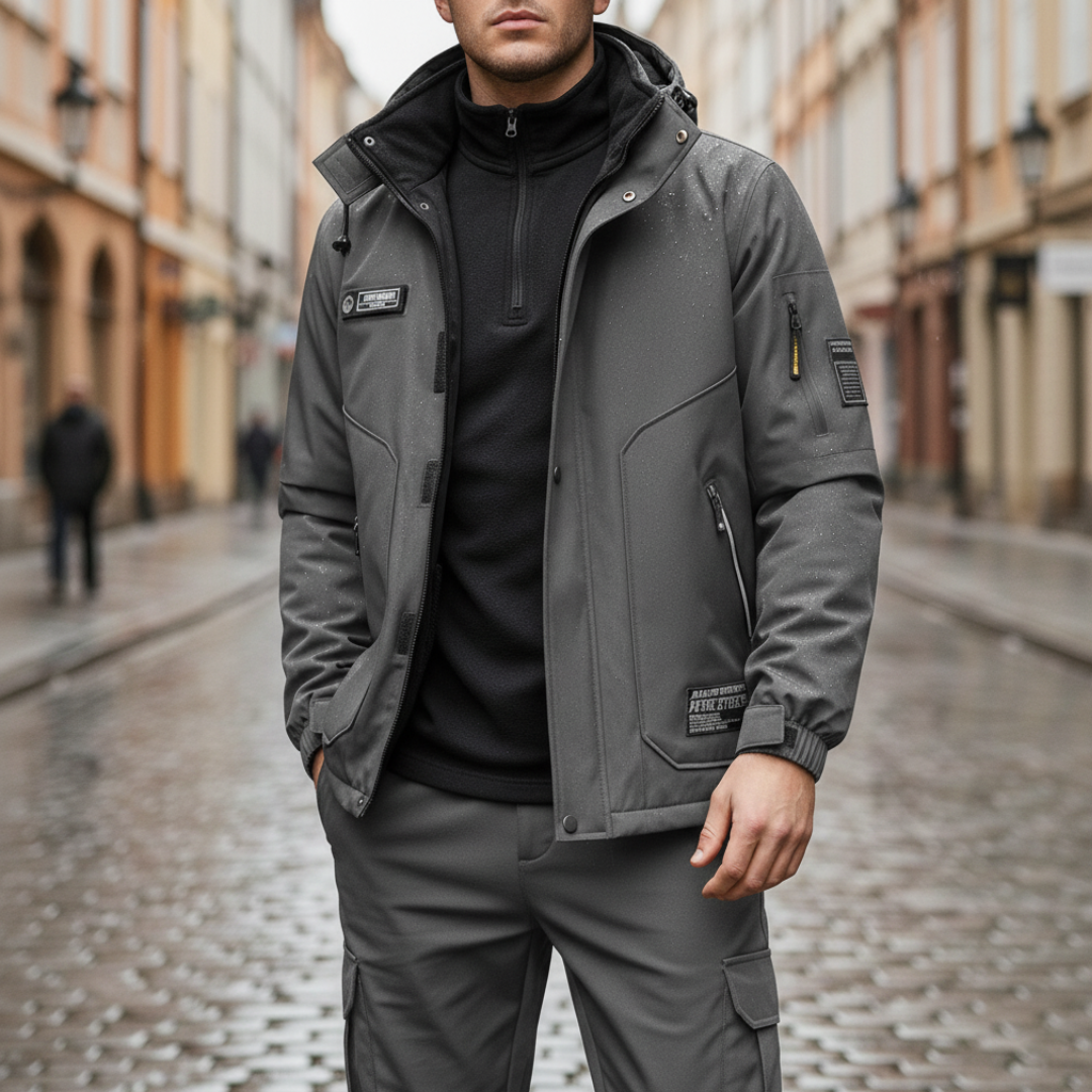 Men's gray hooded waterproof softshell jacket with windproof protection for outdoor and urban wear
