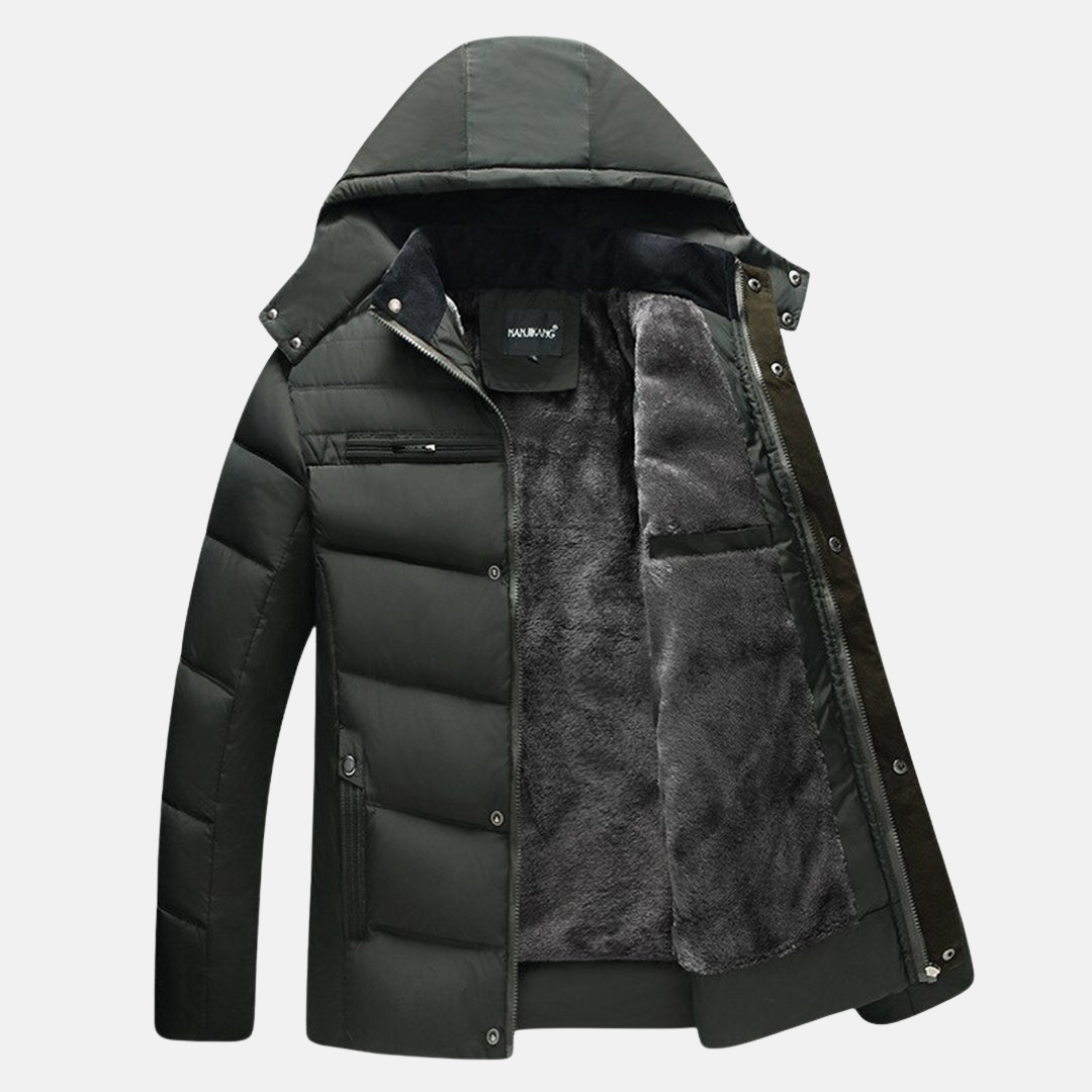 Men's navy blue fleece quilted puffer jacket relaxed fit with hood for winter warmth