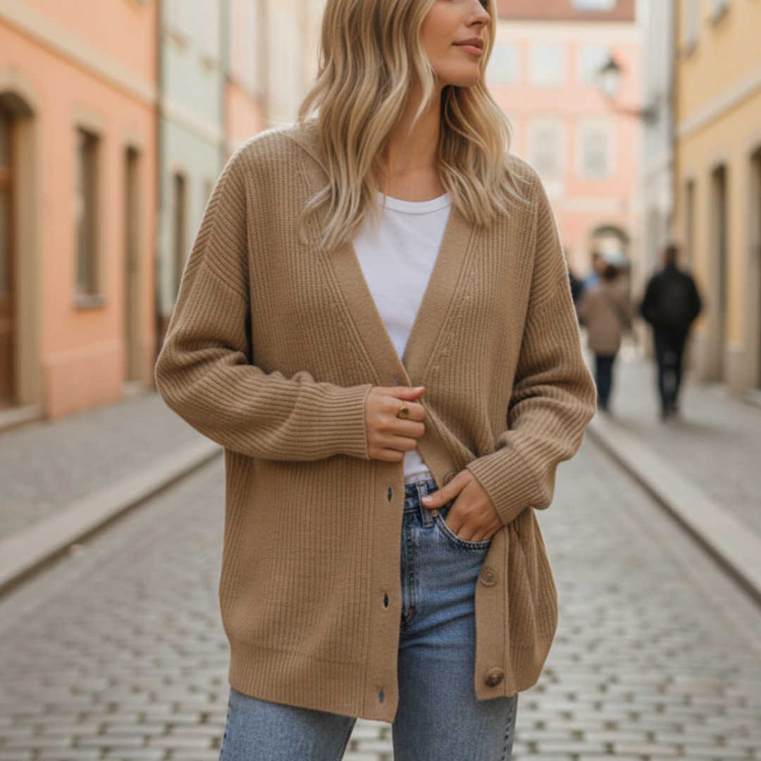 Women's oversized ribbed knit cardigan with tone-on-tone buttons, relaxed cozy fit for everyday layering