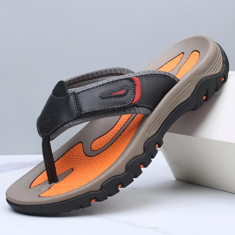 Men's brown ridge leather sandals cushioned footbed shock-absorbing sole structured straps