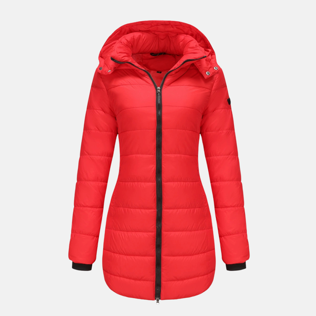 Women's mid-length quilted puffer jacket with detachable hood and ribbed cuffs for cozy everyday warmth