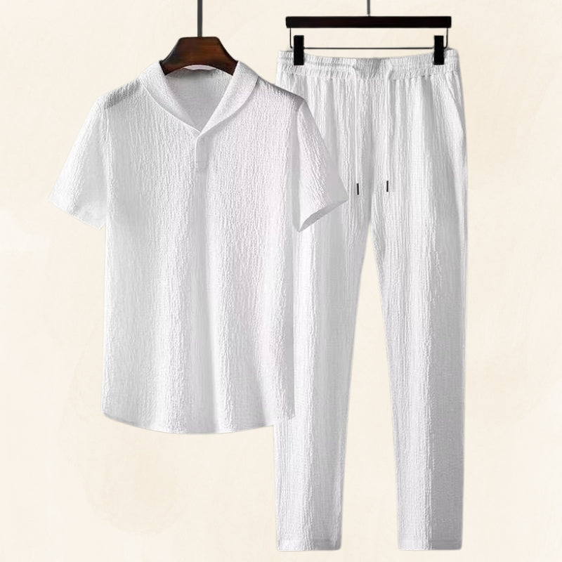 Men's light texture two-piece polo set relaxed fit trousers breathable drawstring waist matching outfit