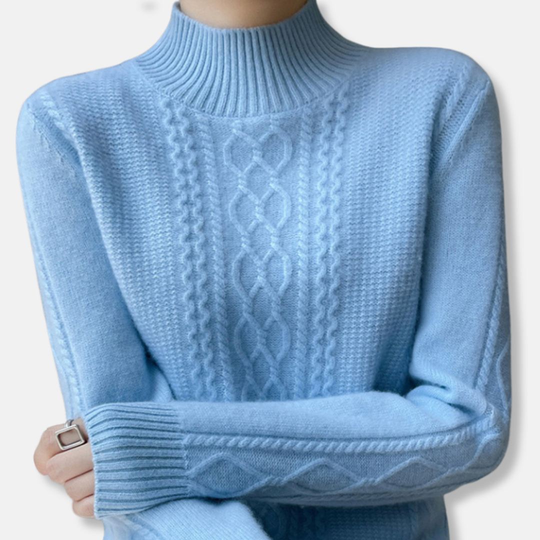 Women's cream relaxed fit mock neck cable knit sweater with central textured pattern soft acrylic
