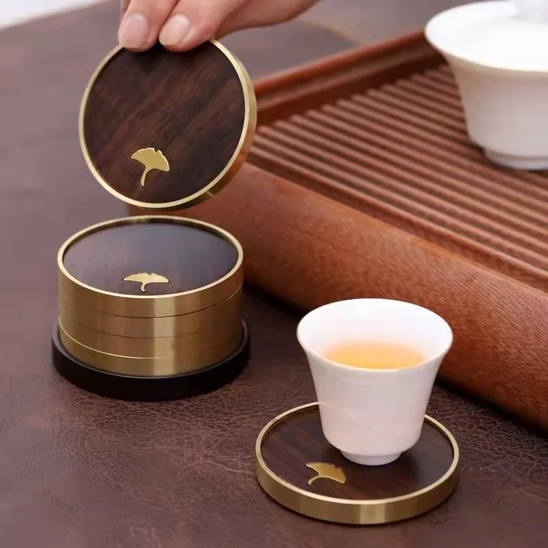 Handcrafted ebony rosewood coaster set ginkgo leaf inlay gold rim home decor set of 6