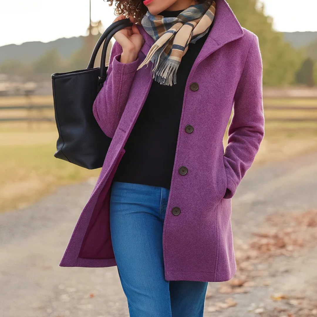 Women classic camel buttoned winter coat elongated silhouette refined structure everyday elegance