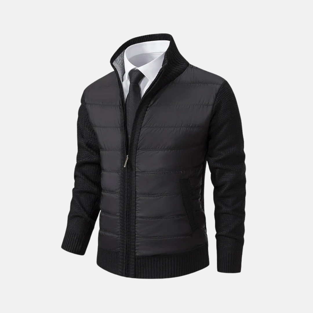 Burgundy slim fit men's acrylic blend jacket with stand collar and quilted front panels