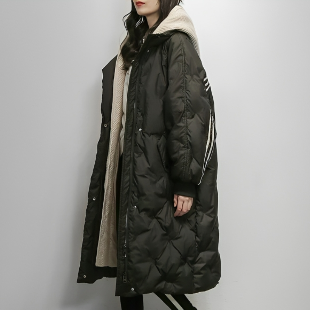 Women's long quilted hooded coat cozy insulation windproof style cold weather full coverage silhouette