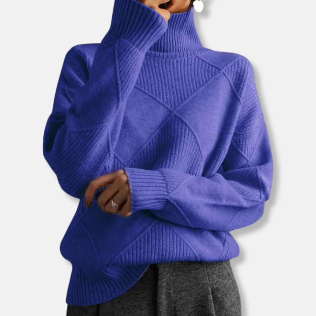 Women's relaxed fit turtleneck sweater with ribbed diamond knit texture for effortless casual style