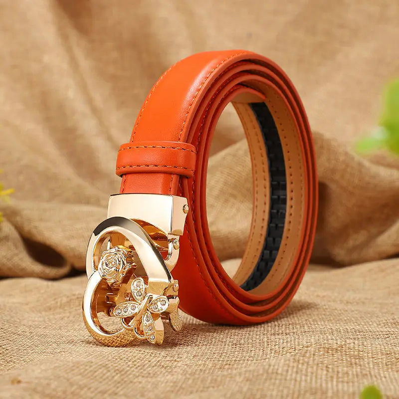 Women's high-gloss genuine leather belt gold butterfly rose buckle with crystals, bold feminine waist accent