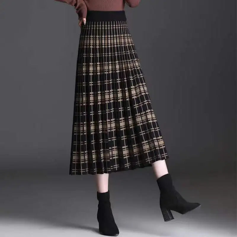 Knit midi skirt tonal plaid sculpting high waist vertical pleats stretch cotton blend for women
